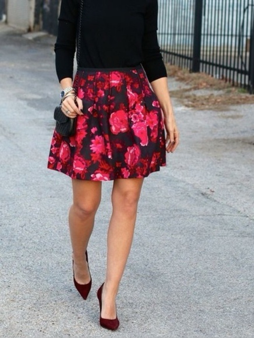 GAP 0 mini skirt inverted pleat pink floral red black flared summer party pocket